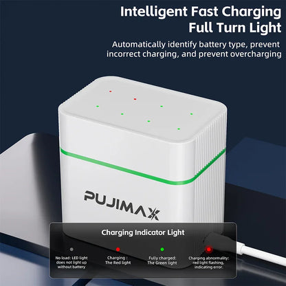 PUJIMAX 1.2V AA + AAA Ni-MH/Ni-Cd 8 Slots Combo Charging Compartment Smart Flip Top Charger Can Charge 4pcs AA+4pcs AA Batteries
