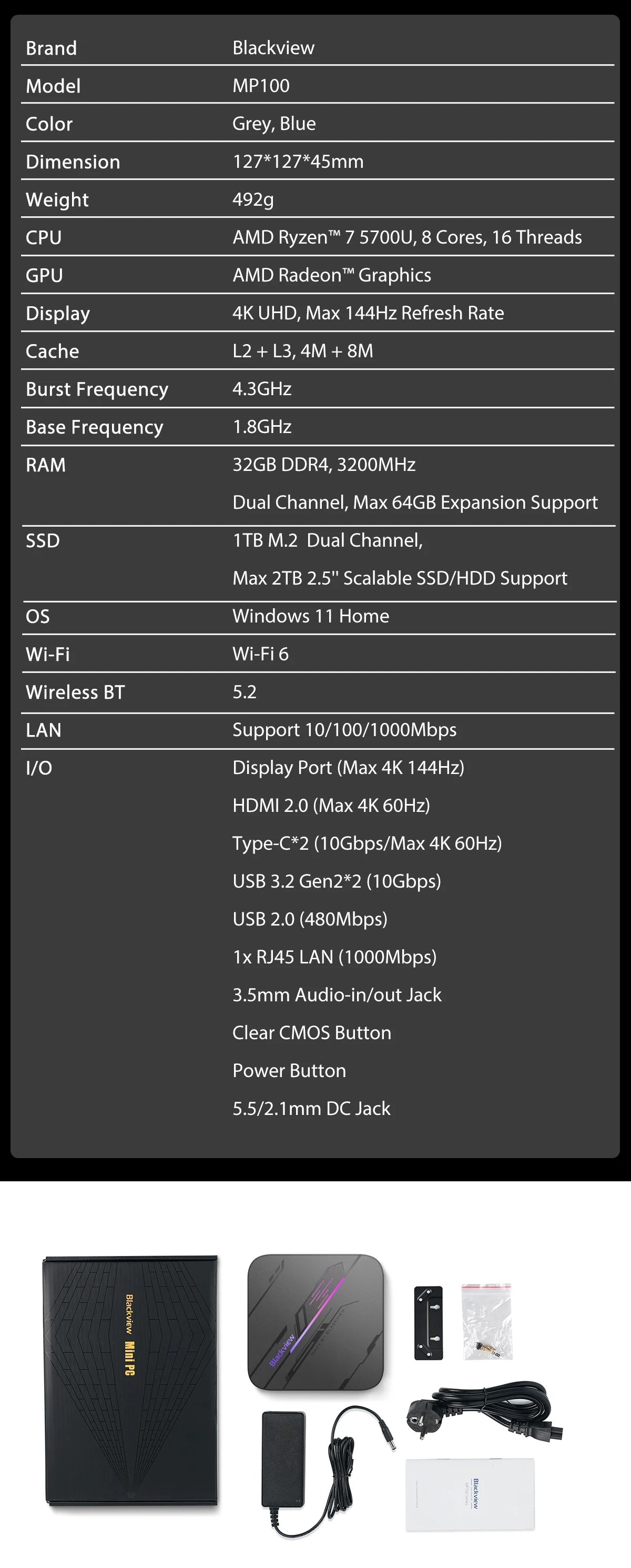 【Brand+】Blackview MP100 NEW Mini PC AMD R7 5700U/5825U  Windows 11 8-Core 16-thread 16GB DDR4 512GB/1TB SSD WiFi 6 Mini