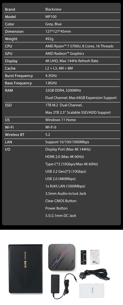 【Brand+】Blackview MP100 NEW Mini PC AMD R7 5700U/5825U  Windows 11 8-Core 16-thread 16GB DDR4 512GB/1TB SSD WiFi 6 Mini