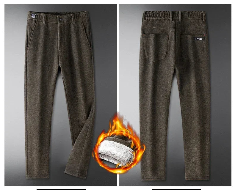 Casual Pants Men Winter New Fleece Business Elastic Waist Slim Korean Warm Thick Brushed Plush Trousers Male 28-38