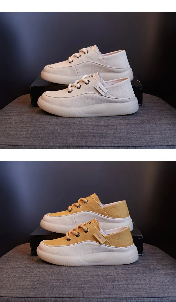 Koznoy 3.5cm Cow Genuine Leather Women Flats Fall Vulcanize Chunky Sneaker Loafer High Brand Platform Slippers Autumn Shoes