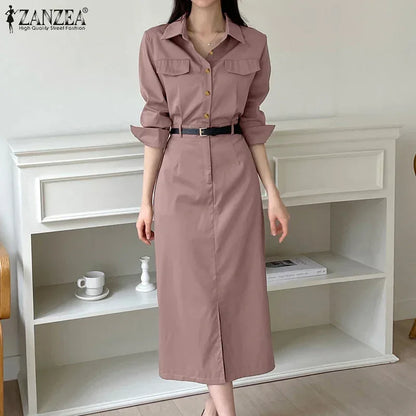 ZANZEA Women Lapel Long Sleeve Vestidos 2025 Spring Solid Work Dresses Casual Waisted No Belted Robe Office Lady Midi Spilt Robe