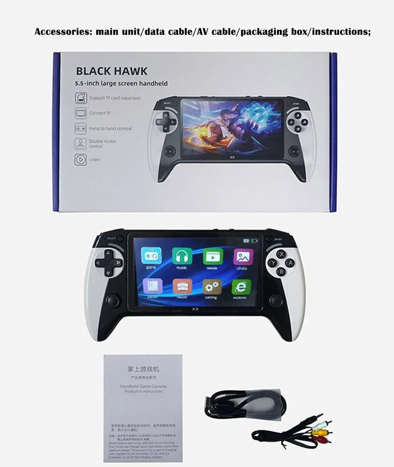 X9 portable game console, 5.5-inch screen, 1500mAh, retro video game player, Type C charging, electronic game player, large Arca