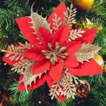 40PCS Artificial Glitter Christmas Flowers with Clips for Xmas Tree Ornament Fake Flower Floral New Year Party Home Decoration