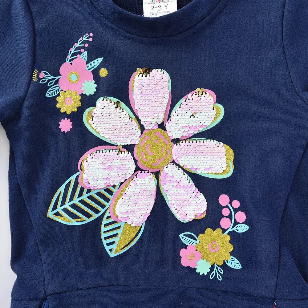 DXTON Autumn Winter Girls Clothing Flower Sequined Long Sleeve Children Sweater Dresses Mesh Patchwork Princess Cotton Dresses
