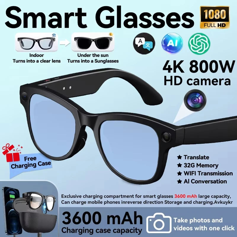 2026 New 8MP Camera Smart AI Glasses 3600mAh Charging Case Power Bank 1080P HD Camera ChatGPT 32GB Translation Video Sunglasses