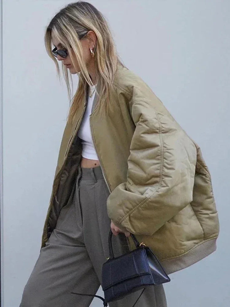 Retro Solid Zipper Cotton Jackets Women Casual Loose Bomber Jacket With Oblique Pockets Female Y2k Autumn Chic Street Outwear