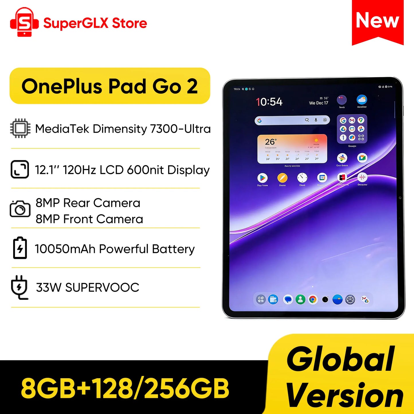 Global Version OnePlus Pad Go 2 Tablet MediaTek Dimensity 7300-Ultra 12.1" 120Hz LCD Display 10050mAh Battery 33W SUPERVOOC
