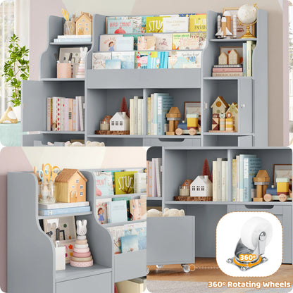 Getone Toy Storage , Childrens Bookcase,Unit 3-tier Kids Bookshelf, Kids Storage with 2 Drawers with Wheels, 4 Doors, 6 Open Shelves,multi-functional toy storage unit122x30x100cm