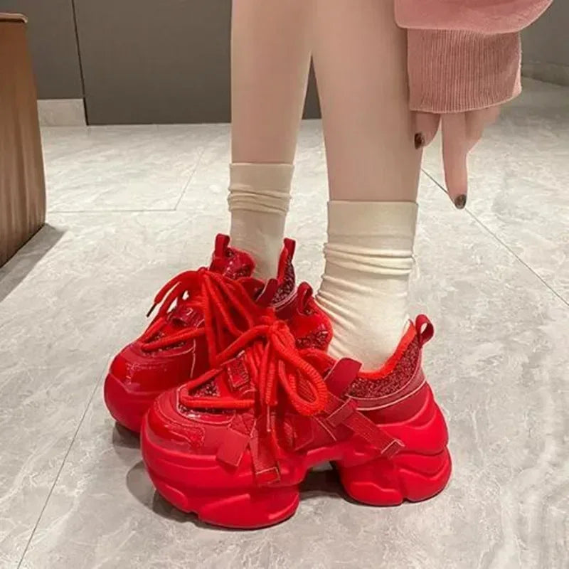 8CM Women Bling Red Chunky Sneakers Winter High Platform Warm Fur Shoes Ladies Wedges Casual Dad Shoes Leather Sports Sneakers