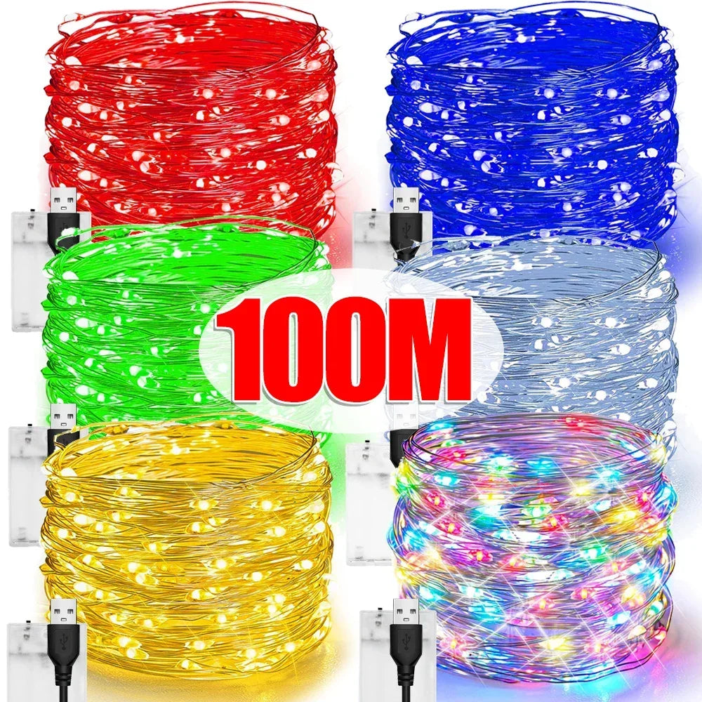 100/2M Outdoor LED String Lights Garland Waterproof Fairy Light Christmas Wedding Party Holiday Gardening Decoration USB/Battery