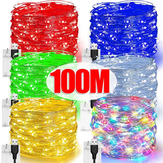 100/2M Outdoor LED String Lights Garland Waterproof Fairy Light Christmas Wedding Party Holiday Gardening Decoration USB/Battery