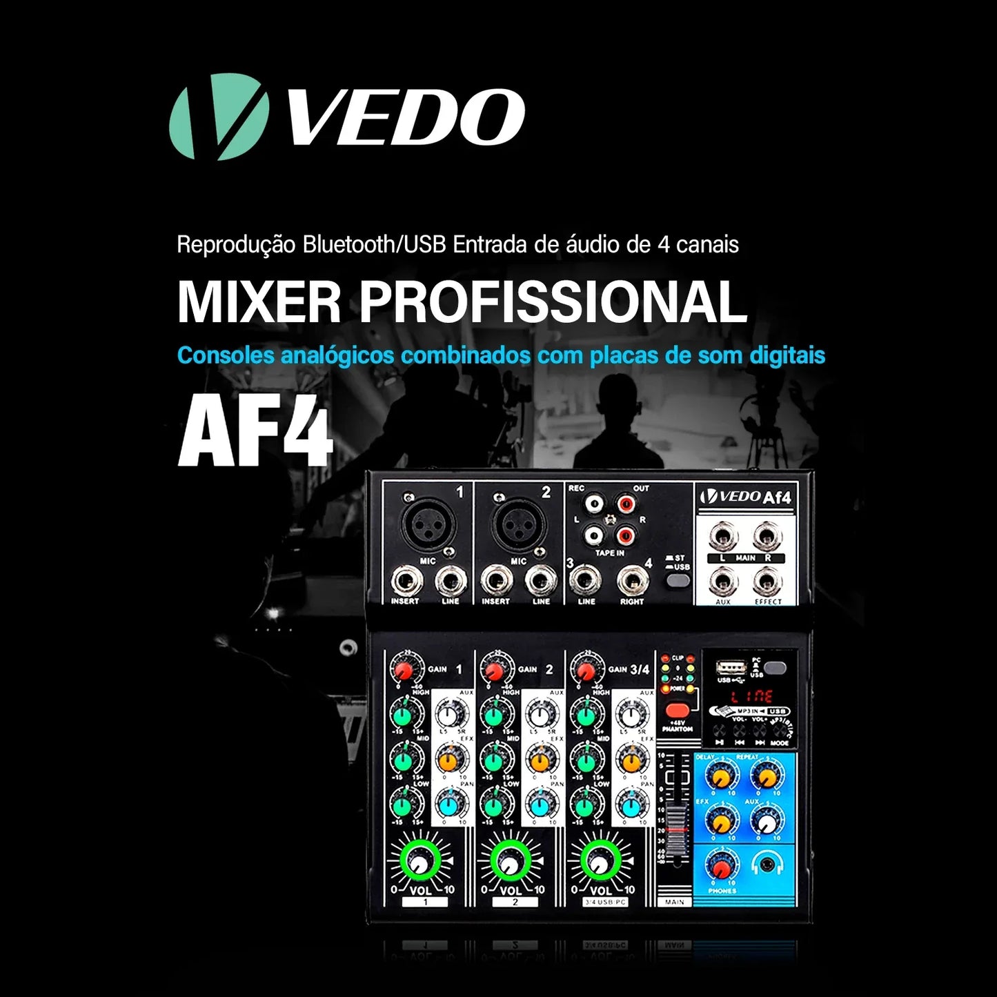 VEDO AF4 Mixer Analog Mixer Merged Digital Sound Card 4 Channels Personalized Function Settings Analog Mixing Console For Live