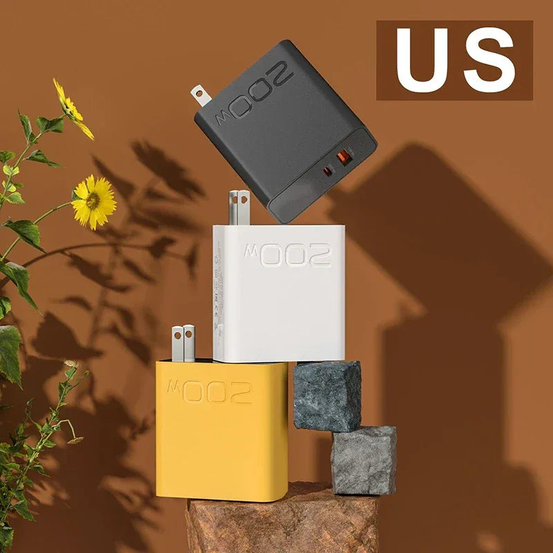 New 200W Ultra Fast Charger USB PD 2-In-1 Type C Fast GaN Phone Charger For Iphone Huawei Samsung Xiaomi Oppo  EU US Plug ﻿