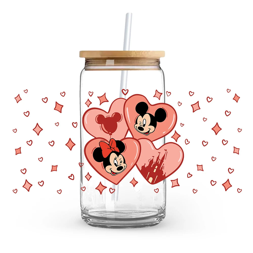 Valentine's Day cartoon Mickey Minnie Stitch Love 16oz Glass Cup UV DTF Transfer Film High-Quality Wraps Transfer Decals