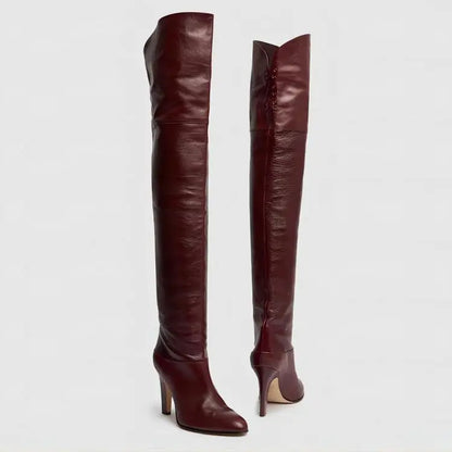Autumn and Winter Women's Thick High-heeled Knee High Boots, Round Headed Cowhide Suede Fashionable Women's Plus Size Boots