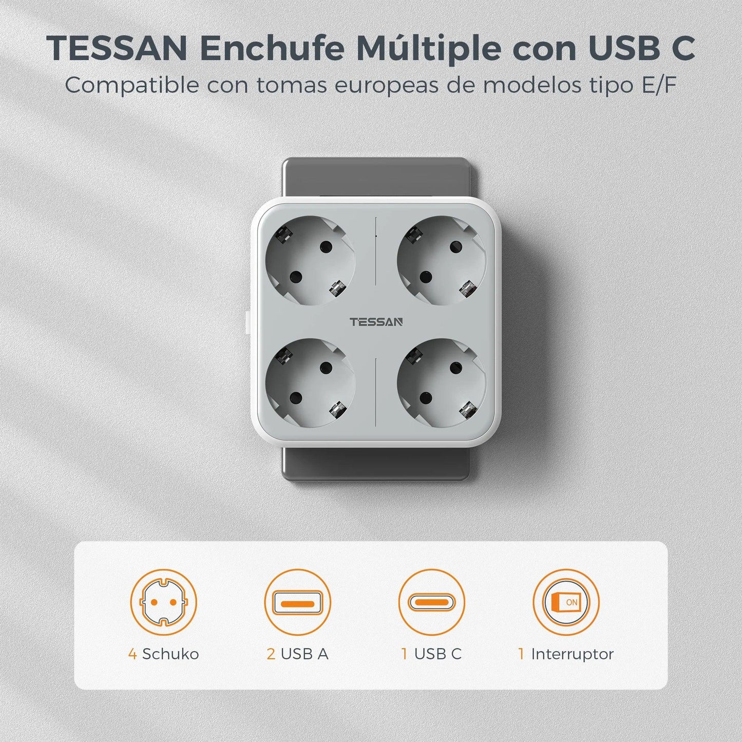 TESSAN Multiple Wall Socket Power Strip with 4 AC Outlets & 3 USB Ports 7 in 1 Adapter Overload Protection for Home Office