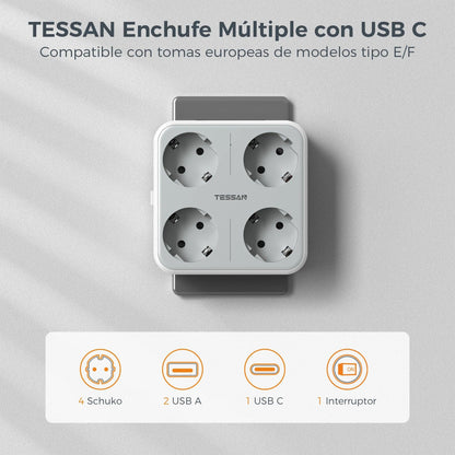 TESSAN Multiple Wall Socket Power Strip with 4 AC Outlets & 3 USB Ports 7 in 1 Adapter Overload Protection for Home Office