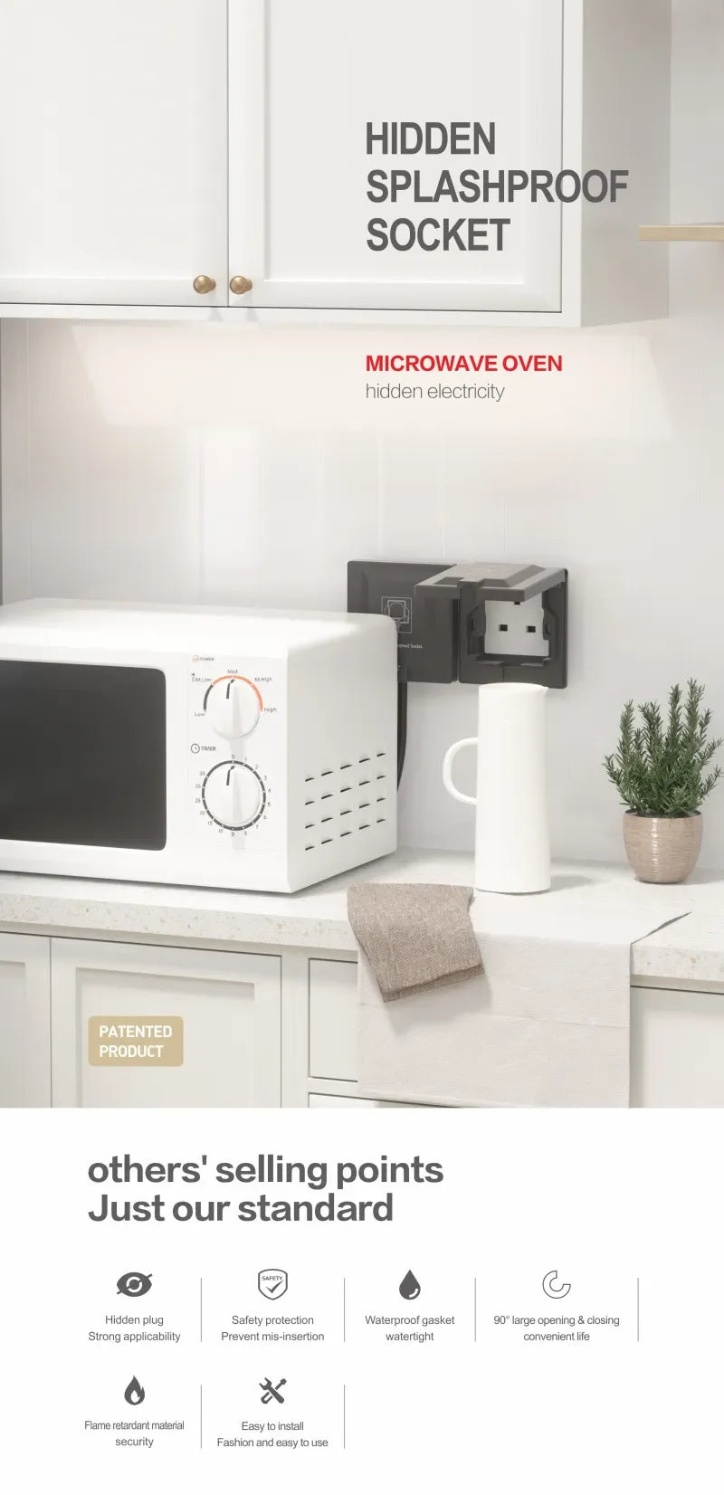 UK Plug 13A Recessed Bathroom Socket Panel with Hidden Waterproof Plug and Built-in Type 86 Kitchen Invisible 220V Socket