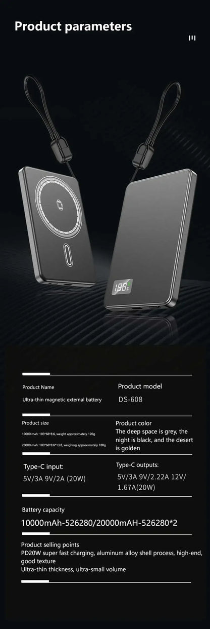 Lenovo Ultra-thin 500000mAh Mobile Power Bank For MagSafe Magnetic Wireless Fast Charge Portable LED Display For iPhone Xiaomi