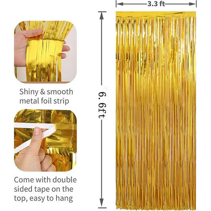 Rideaux de fond de fête de 2 mètres, à franges dorées pailletées, pour anniversaire, mariage ou anniversaire de mariage (adultes)