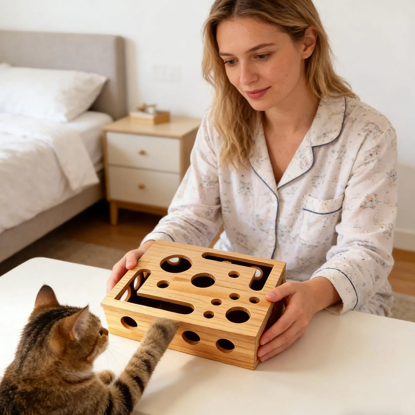 Interactive Frosted Wooden Cat Maze Toy Pet Treat Dispenser Puzzle Box Cat Enrichment Plaything Kitten Foraging Game Feeder