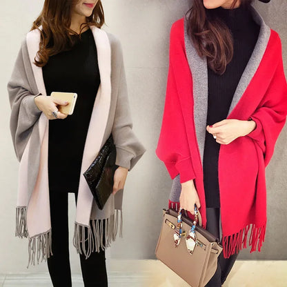 Autumn Winter Tassel Long Sweater Cardigans Casual Korean Long Sleeve Cloak Patchwork Knitwear Coats Outwaer LMFS-LM-8015