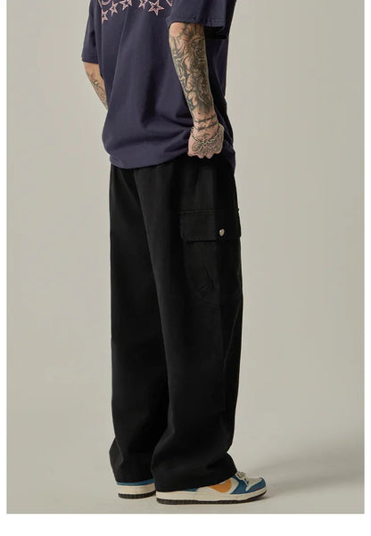 Men's Sweatpants 2025 Spring Autumn Vintage Japanese Wide Leg Straight Loose Button Big Pockets Cargo Pants Drawstring Trousers