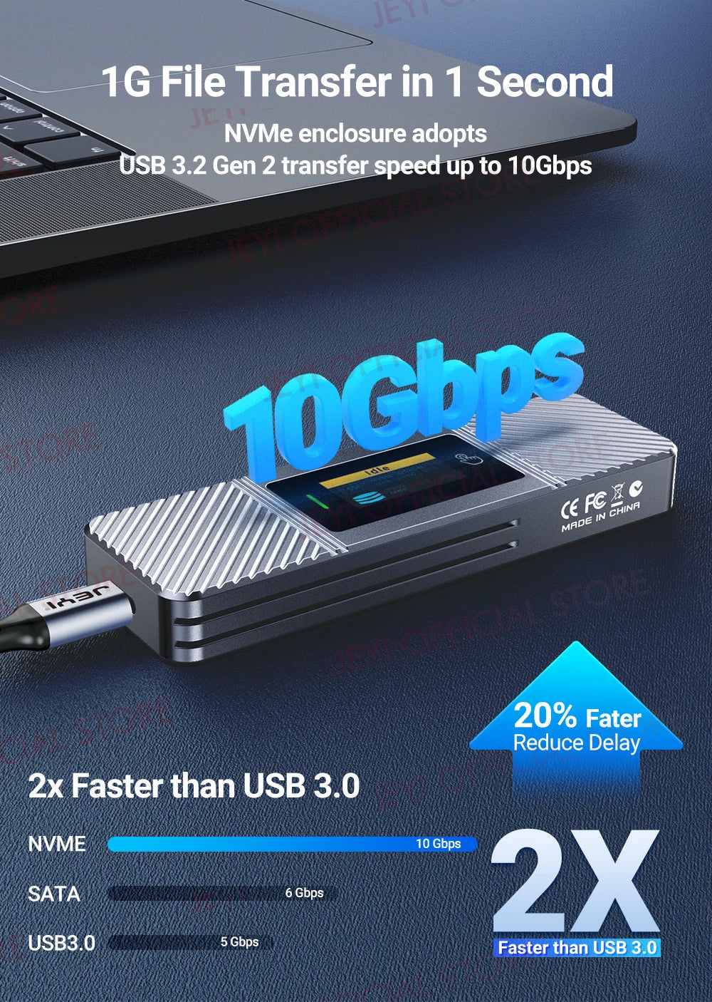 JEYI Visual Smart M.2 NVMe NGFF SSD Enclosure, Supports 5s Write Protection, 3s Re-connect, USB 3.2 Gen2 10Gbps, UASP Trim