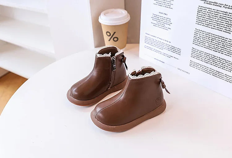 2024 New Autumn Children Boots Leather Girls Ankle Boots  Lace Butterfly-knot  Rubber Sole Fashion Toddler Kids Boots EU 21-30