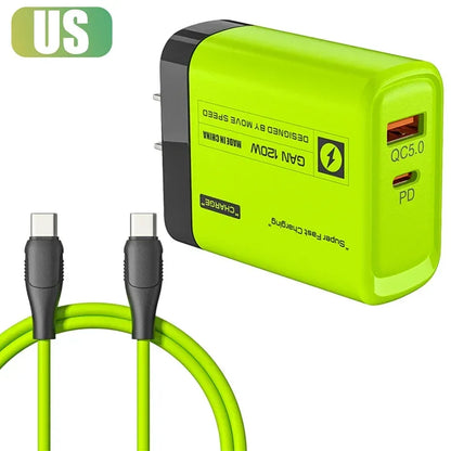 120W USB C 2Ports Charger Kit Green Wall Plug EU/US Adapter Fast Charging For iPhone iPad Samsung Xiaomi USB Type C Data Cables