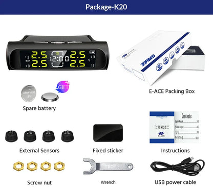 Wireless Solar Charging TPMS Real-time Monitoring with Electronic Clock Display 4 Sensors Tire Pressure Monitoring System