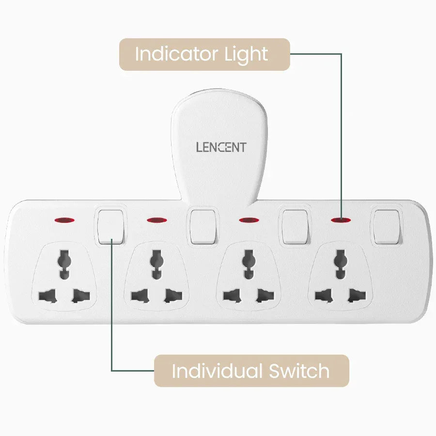 LENCENT Multi Plug Extension Socket with 4 Universal AC Outlets 3250W 13A Extension Plug Adapter with Switch for Home Office