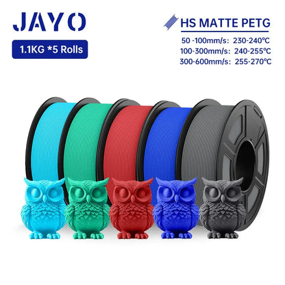 JAYO PETG 3D Filament 1.75MM High Speed PETG 3D Printer Filament 5Rolls High Flow Speedy Matte Effect 3D Printing Mateials