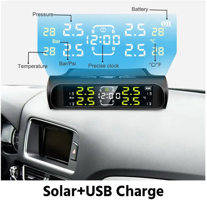 Wireless Solar Charging TPMS Real-time Monitoring with Electronic Clock Display 4 Sensors Tire Pressure Monitoring System