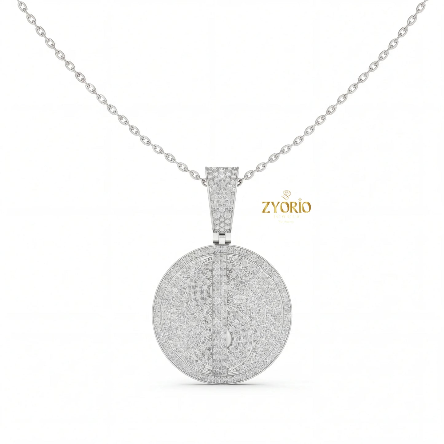 Women's Silver Minimalist Luxury Diamond Medallion Pendant Sparkling Gold Plated Modern Elegant Engagement Anniversary Wedding
