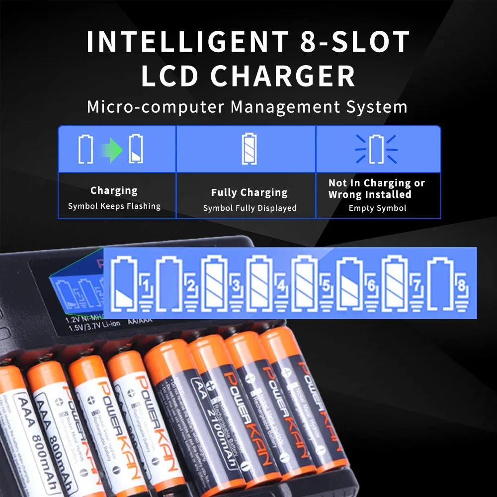 POWERKAN ALL8 charger, 8-slot high-speed LCD AA/AAA charger, suitable for 1.2V Ni-MH 1.5V/3.7V Li-ion rechargeable batteries