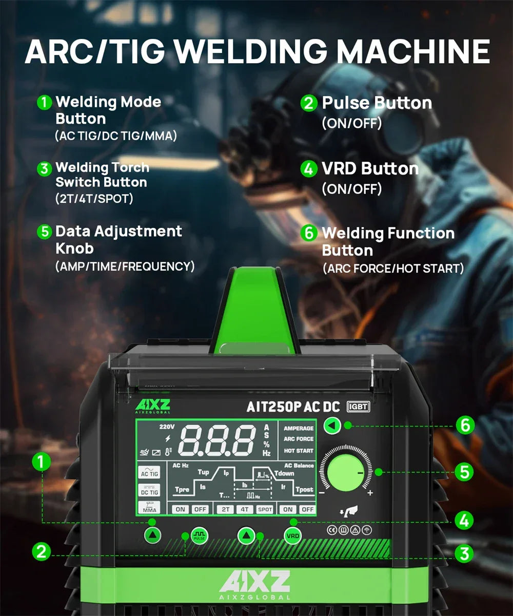 AIXZ 250A 5 in 1 HF TIG Welder AC/DC Aluminum Welding MMA/ARC/Argon Digital Pulse 2T/4T IGBT Inverter Stainless Welding Machine
