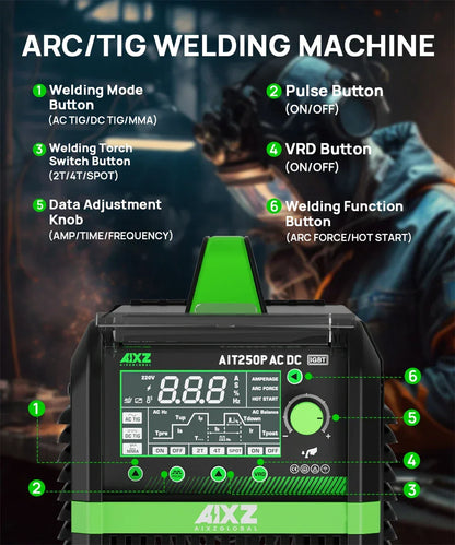 AIXZ 250A 5 in 1 HF TIG Welder AC/DC Aluminum Welding MMA/ARC/Argon Digital Pulse 2T/4T IGBT Inverter Stainless Welding Machine