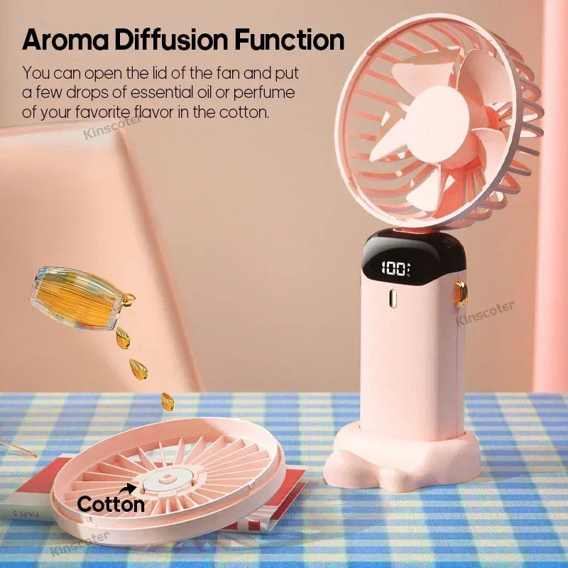 Portable Handheld Mini Fan 3000mAh Foldable Neck Hanging Fans 5 Speed Adjust USB Charge Fan with Phone Stand and Display Screen