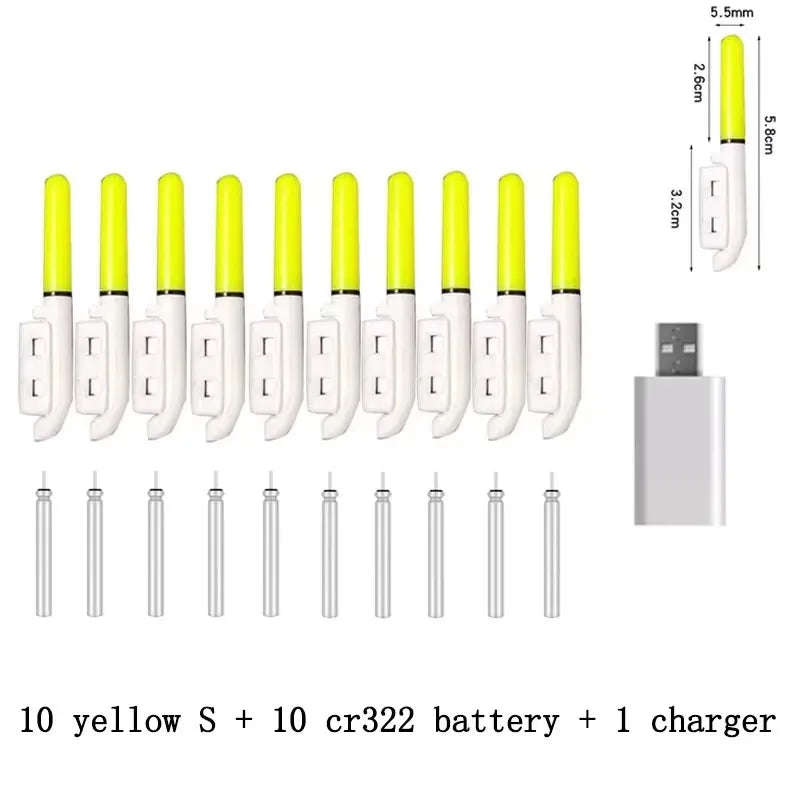 10 pcs/lot Electronic Light Stick With 10 Rechargeable Battery CR322 / CR425 Clip on Fishing Rod Glowing Lamp Night Fishing D001