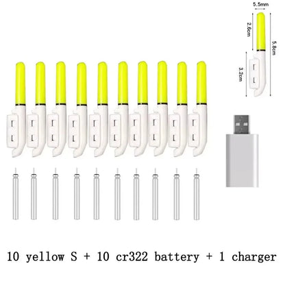 10 pcs/lot Electronic Light Stick With 10 Rechargeable Battery CR322 / CR425 Clip on Fishing Rod Glowing Lamp Night Fishing D001