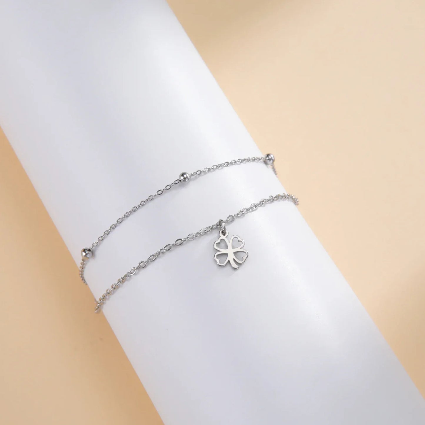 Sipuris  Four Leaf Clover Bracelet For Women Stainless Steel Trendy Double Chain Lucky Amulet Pendant Jewelry Christmas Gifts