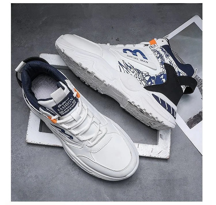 Men's Spring Breathable High Top White Sports Shoes Trendy All-Match Thick Sole Leisure Dad Sneakers