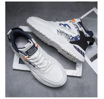 Men's Spring Breathable High Top White Sports Shoes Trendy All-Match Thick Sole Leisure Dad Sneakers