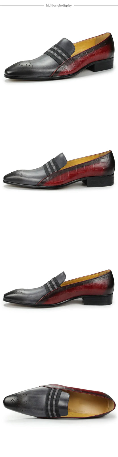 Loafer Men Fashion Cowhide Shoes Casual Gentleman Party Wedding  Leather Shoes Gray Red Mixed Striped Elastic Band Footwear