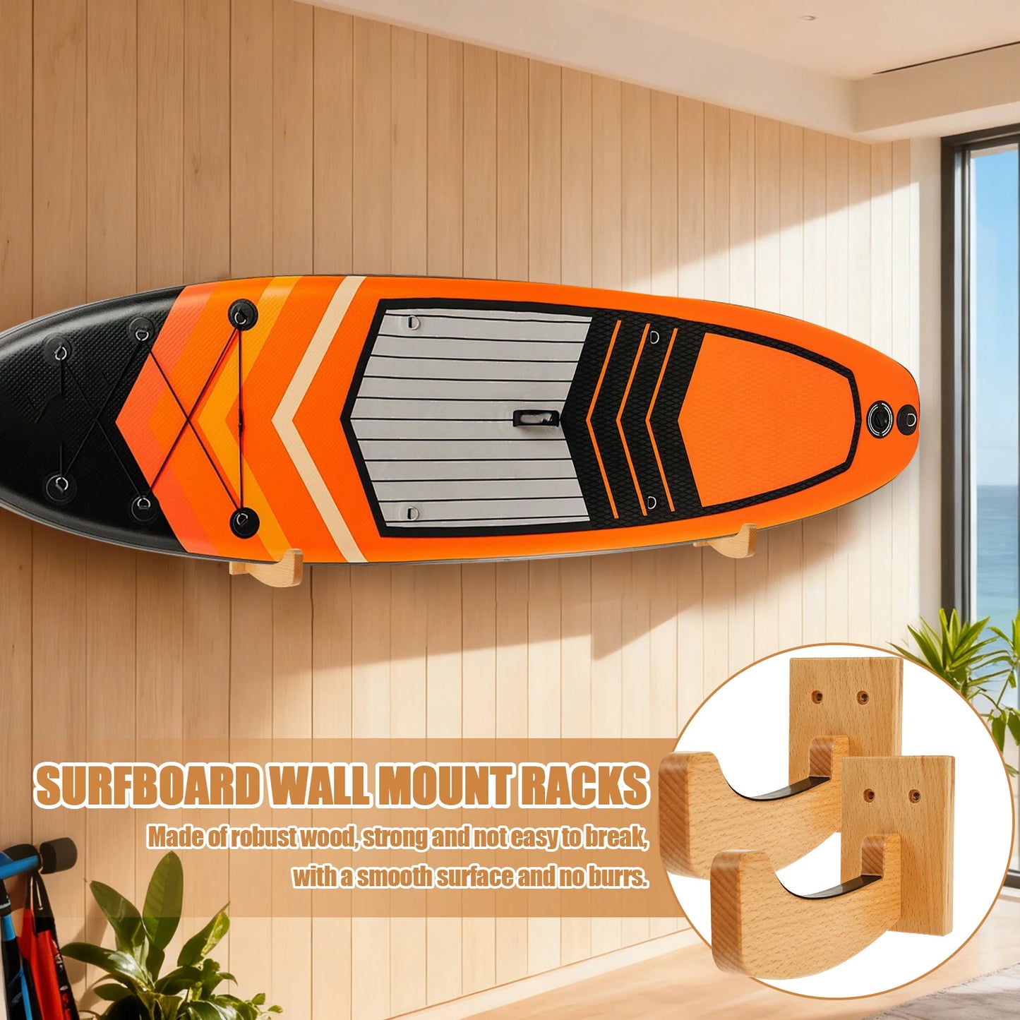 Wooden Surfboard Wall Mount Rack Surfboard Hanger with Installation Accessories Multi-role Skiing Boards Skateboard Storage Rack