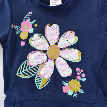 DXTON Autumn Winter Girls Clothing Flower Sequined Long Sleeve Children Sweater Dresses Mesh Patchwork Princess Cotton Dresses