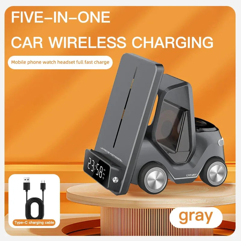 Wireless Charger 4 in 1 Forklift Design Fast Charging Dock with Alarm Clock Time For iPhone/iWatch/AirPods Pro