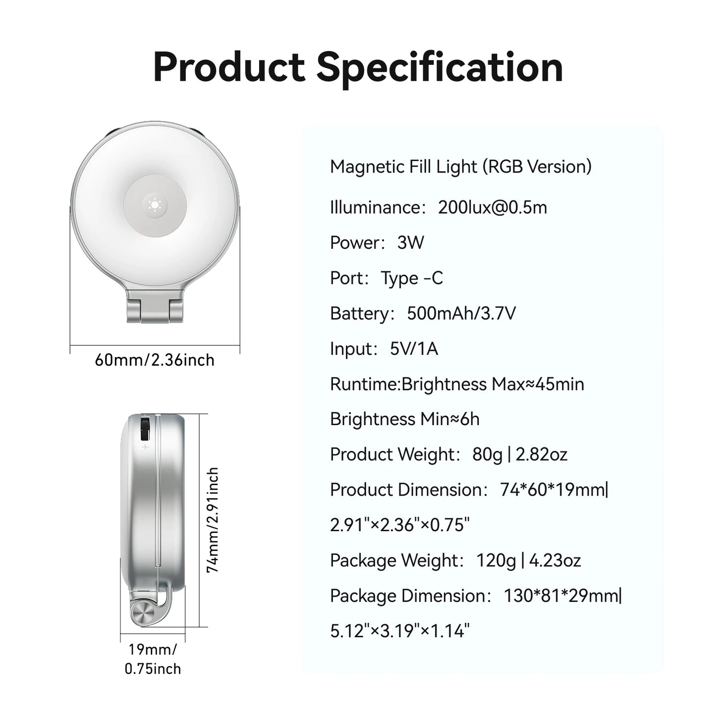 TELESIN Magnetic 360° Rotation RGB Fill Light Mini Selfie Light 3 Mode Adjustable Color Brightness for Smartphone Iphone Android